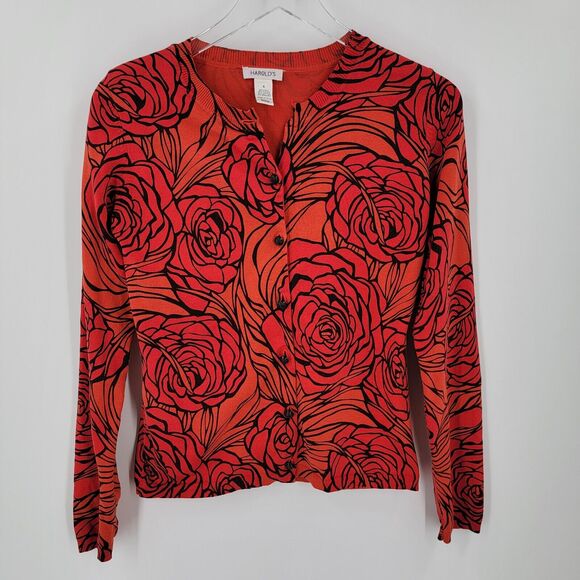 Harolds Cardigan Womens Small Silk Blend Floral Button Up Red Orange Black - Picture 1 of 12
